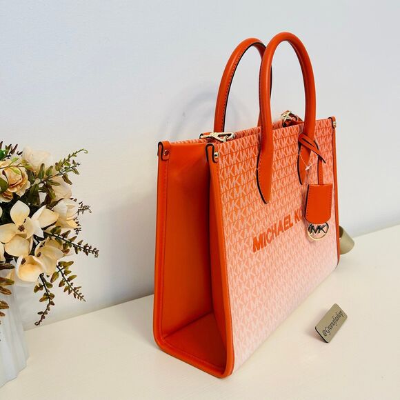 Michael Kors Purse Mirella Medium Ombré Logo Tote Bag Red Clay - Picture 3 of 8